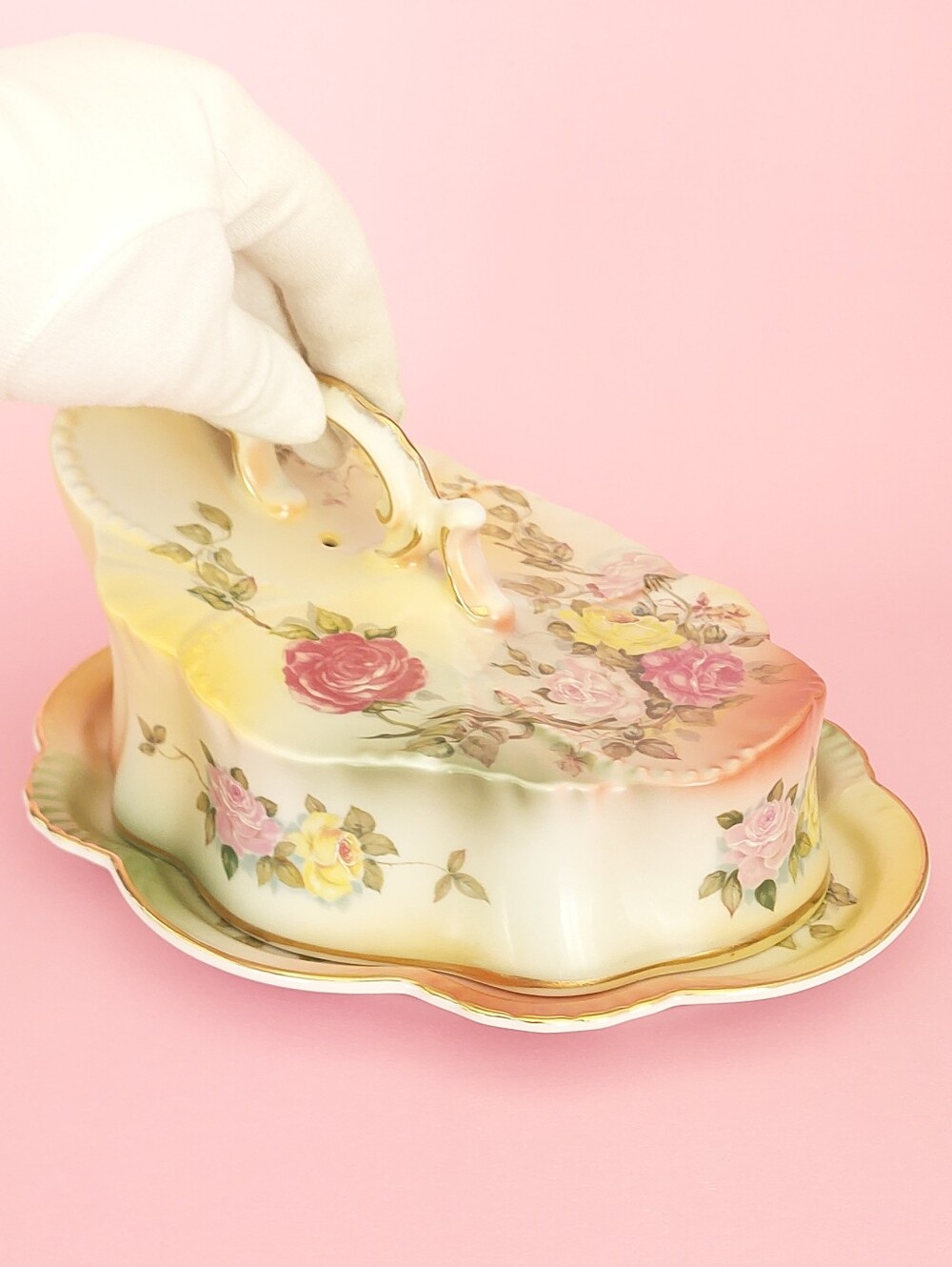 Antique Pirkenhammer Porcelain Cheese Dish Cloche Bohemian China Vintage Rose